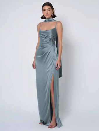 スレートグレー ブライズメイドドレス サテン生地 ボールガウン フロアレングス ウェディング パーティードレス