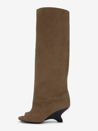 ラクダ色 スエードニーハイブーツ ピープトゥデザインヒールブーツ