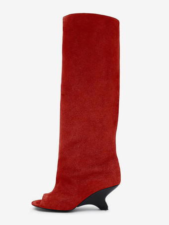 レッド スエードニーハイブーツ ピープトゥデザインヒールブーツ