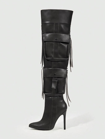 ブラック レディース サイハイブーツ ポインテッドトゥ ポケットディテール ハイヒール オーバーザニーブーツ