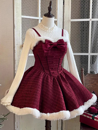 スイートロリータドレス ポリエステル ノースリーブ リボン スイートクリスマスロリータドレス