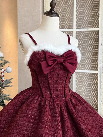 スイートロリータドレス ポリエステル ノースリーブ リボン スイートクリスマスロリータドレス