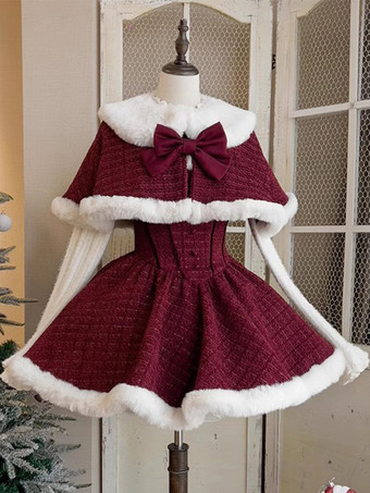 ワインレッド スイートロリータドレス ポリエステル ノースリーブ リボン スイートクリスマスロリータドレス