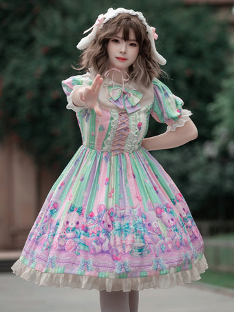 Lolitashow Exklusives süßes Lolita-Kleid aus Chiffon mit kurzen Ärmeln für den Frühling Alltag Freizeit Teeparty Schleifenkleid