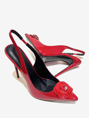 レディース ハイヒール ポインテッドトゥ フラワー スリングバック パンプス