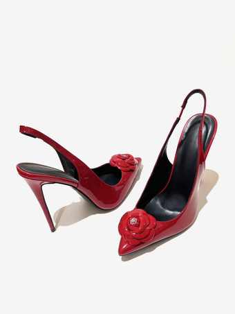 レディース ハイヒール ポインテッドトゥ フラワー スリングバック パンプス