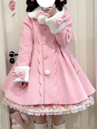 スイートロリータコート ピンクのリボン ポンポン ポリエステル オーバーコート 冬用ロリータアウター