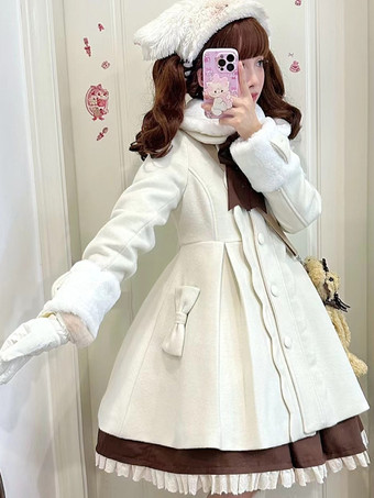 スイートロリータコート ピンクのリボン ポンポン ポリエステル オーバーコート 冬用ロリータアウター