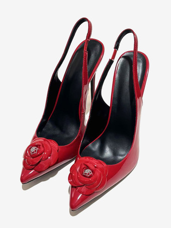 レッド レディース ハイヒール ポインテッドトゥ フラワー スリングバック パンプス