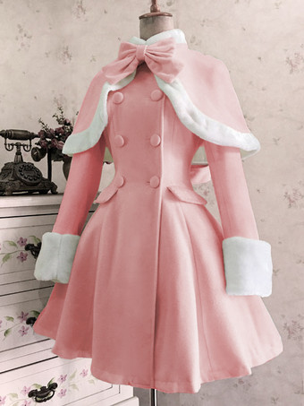 ピンククラシックなロリータウールコート ボウ付きダブルブレスト ファー付きロリータ冬用オーバーコート