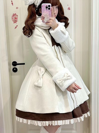 スイートロリータコート ピンクのリボン ポンポン ポリエステル オーバーコート 冬用ロリータアウター