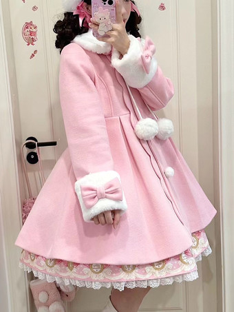 スイートロリータコート ピンクのリボン ポンポン ポリエステル オーバーコート 冬用ロリータアウター
