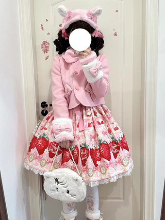 スイートロリータコート ピンクのリボン ポンポン ポリエステル オーバーコート 冬用ロリータアウター