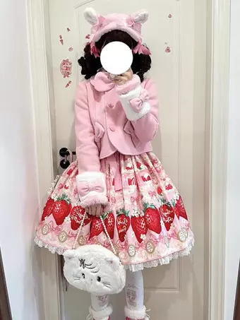 スイートロリータコート ピンクのリボン ポンポン ポリエステル