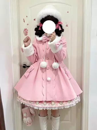 ベイビー♡ハートリボンショートコート♡ピンク♡ロリータ♡姫系♡ スイートロリータコート ピンクのリボン ポンポン ポリエステル