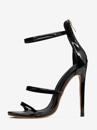 ブラックハイヒールサンダル ストラップ付きオープントゥ スティレットヒール ドレスシューズ