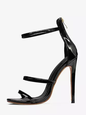 ブラックハイヒールサンダル ストラップ付きオープントゥ スティレットヒール ドレスシューズ