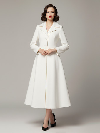 ヴィンテージ クラシック ラペル Aライン ウール フレアコート（ホワイト、レディース）2025