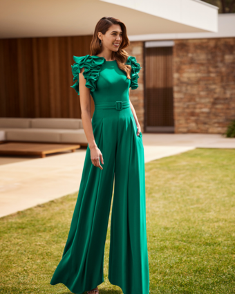 花嫁の母親のためのパーティードレス ジュエルネック ノースリーブ ジャンプスーツ フリル ウェディングゲストドレス