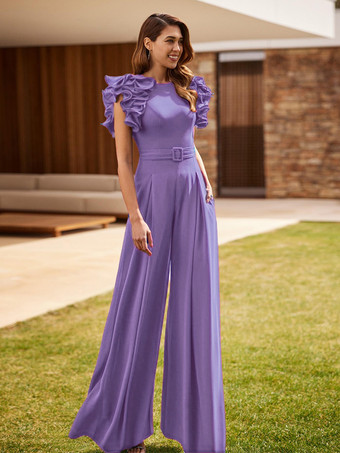バイオレット花嫁の母親のためのパーティードレス ジュエルネック ノースリーブ ジャンプスーツ フリル ウェディングゲストドレス