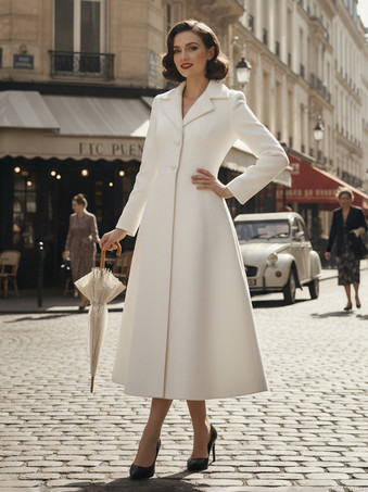 ヴィンテージ クラシック ラペル Aライン ウール フレアコート（ホワイト、レディース）2025