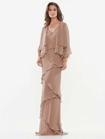 ソフトピンク花嫁の母親のためのパーティードレス Vネック ノースリーブ Aライン フリル ウェディングゲストドレス