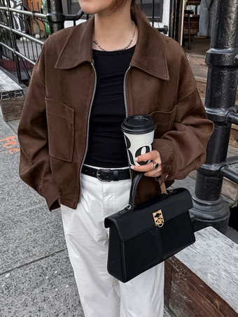 ブラウンスエード クロップド丈 ジップアップジャケット（ポケット付き、レディース 2025年）