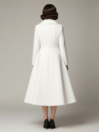 ヴィンテージ ユニーク ラペル Aライン ウール フレアコート（ホワイト、レディース）2025