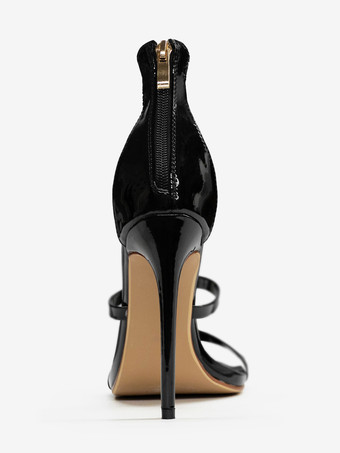 ブラックハイヒールサンダル ストラップ付きオープントゥ スティレットヒール ドレスシューズ