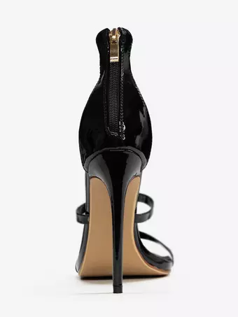 ブラックハイヒールサンダル ストラップ付きオープントゥ スティレットヒール ドレスシューズ