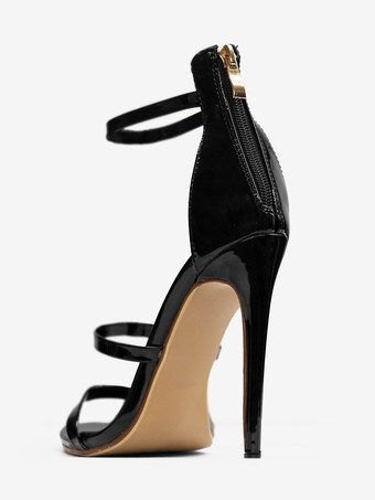 ブラックハイヒールサンダル ストラップ付きオープントゥ スティレットヒール ドレスシューズ