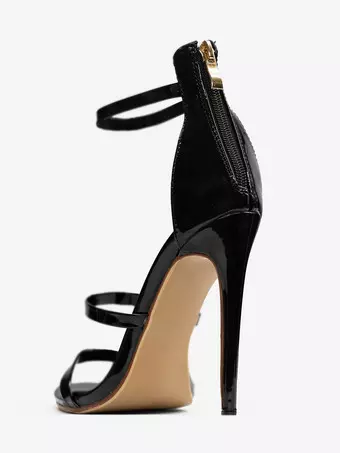 ブラックハイヒールサンダル ストラップ付きオープントゥ スティレットヒール ドレスシューズ