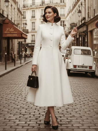 ヴィンテージ スタンドカラー Aライン ウール フレアコート（ホワイト、レディース）2025