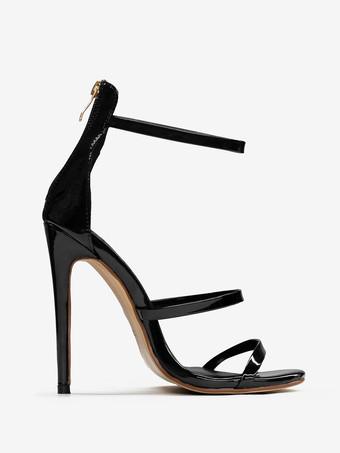 ブラックハイヒールサンダル ストラップ付きオープントゥ スティレットヒール ドレスシューズ