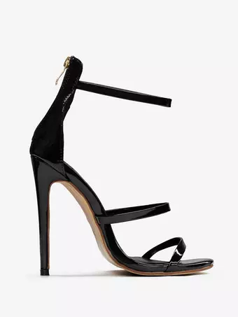 ブラックハイヒールサンダル ストラップ付きオープントゥ スティレットヒール ドレスシューズ
