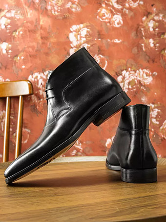 メンズ ドレスブーツ ブラック 牛革 レースアップ スクエアトゥ アンクルブーツ