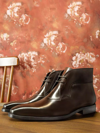 メンズ ドレスブーツ ブラック 牛革 レースアップ スクエアトゥ アンクルブーツ