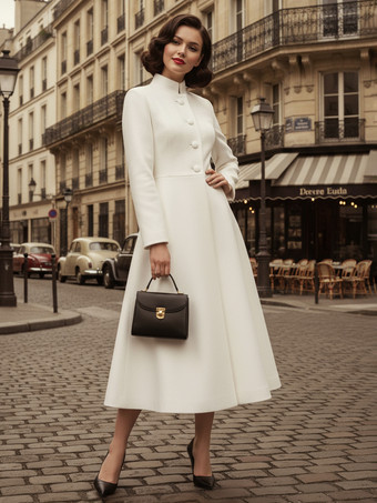 ヴィンテージ スタンドカラー Aライン ウール フレアコート（ホワイト、レディース）2025