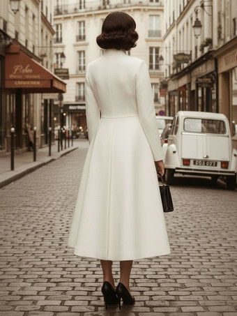 ヴィンテージ スタンドカラー Aライン ウール フレアコート（ホワイト、レディース）2025