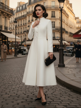 ヴィンテージ スタンドカラー Aライン ウール フレアコート（ホワイト、レディース）2025