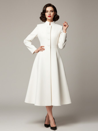 ホワイト ヴィンテージ スタンドカラー Aライン ウール フレアコート（ホワイト、レディース）2025