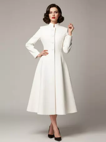 Vintage Stand-Collar A-line Woolen Flared Coat In White For Women