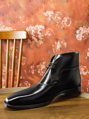 メンズ ドレスブーツ ブラック 牛革 レースアップ スクエアトゥ アンクルブーツ