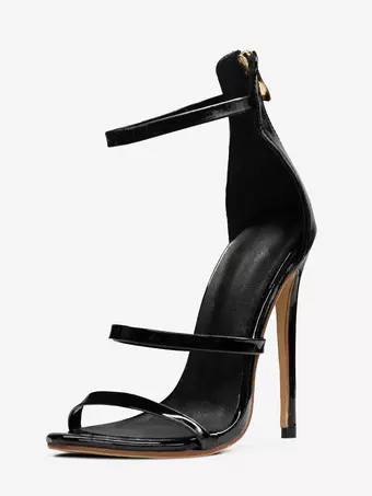 ブラックハイヒールサンダル ストラップ付きオープントゥ スティレットヒール ドレスシューズ