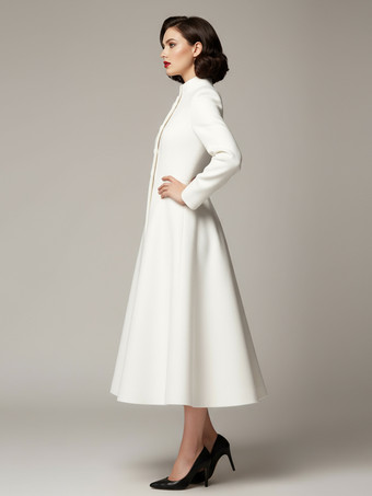 ヴィンテージ スタンドカラー Aライン ウール フレアコート（ホワイト、レディース）2025