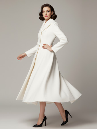 ヴィンテージ ユニーク ラペル Aライン ウール フレアコート（ホワイト、レディース）2025