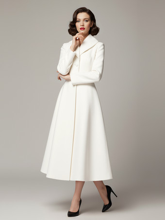 ヴィンテージ ユニーク ラペル Aライン ウール フレアコート（ホワイト、レディース）2025