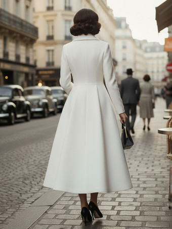 ヴィンテージ クラシック ラペル Aライン ウール フレアコート（ホワイト、レディース）2025