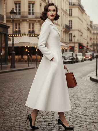 ヴィンテージ クラシック ラペル Aライン ウール フレアコート（ホワイト、レディース）2025