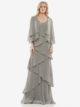 ライトグレー花嫁の母親のためのパーティードレス Vネック ノースリーブ Aライン フリル ウェディングゲストドレス